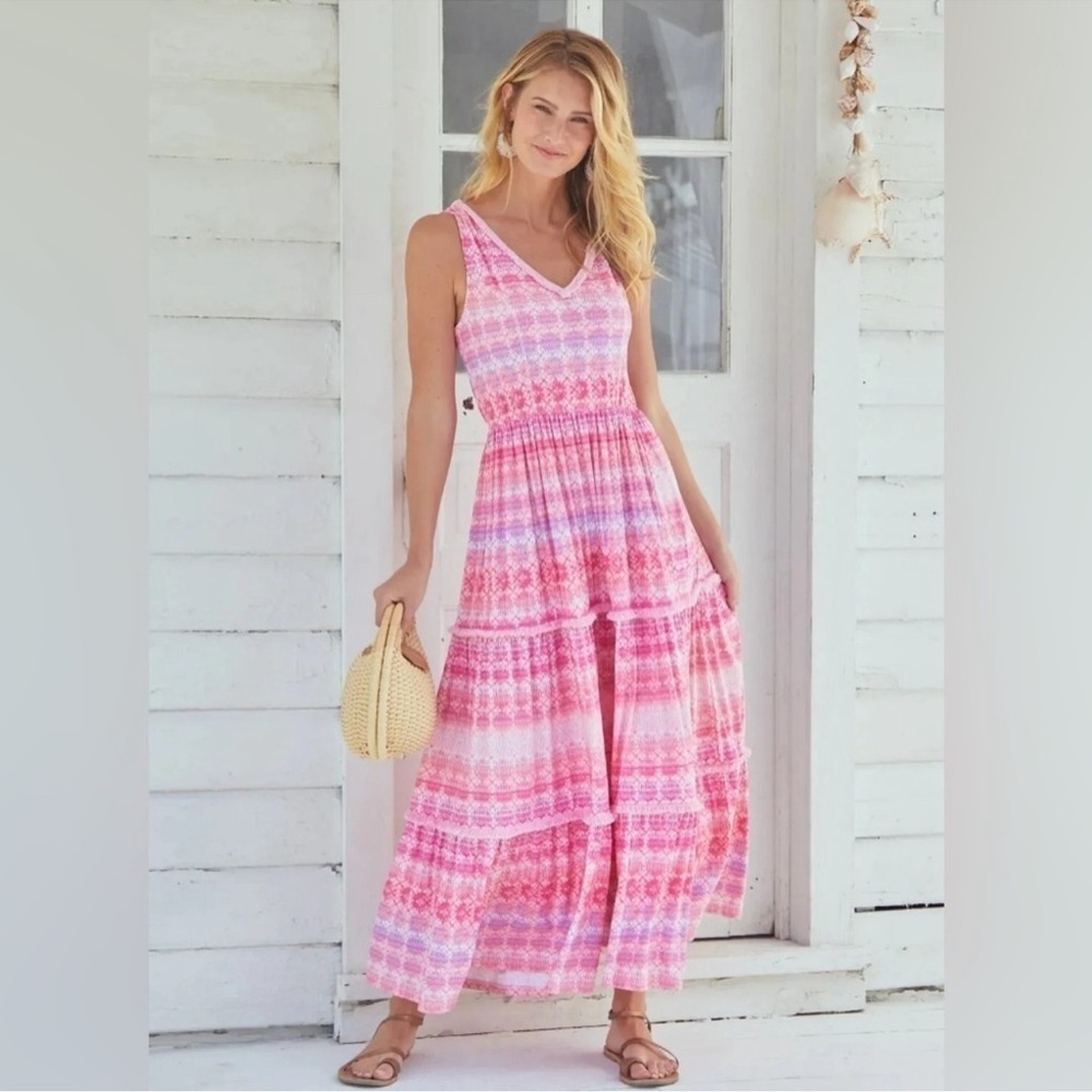 Cabana Life Napa Pink Sleeveless Tiered Maxi Dress w/ Fringe Detail Size Large